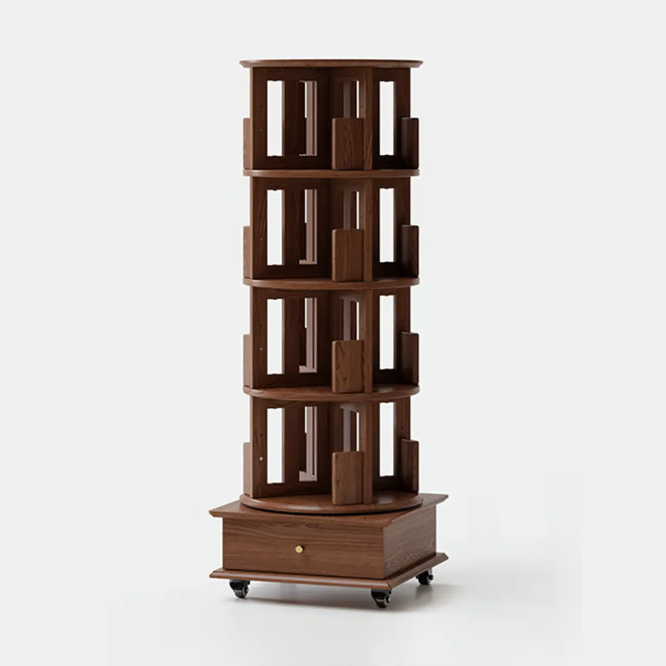 Cylindrical Movable 360° Rotating Wooden Bookshelf with Drawer