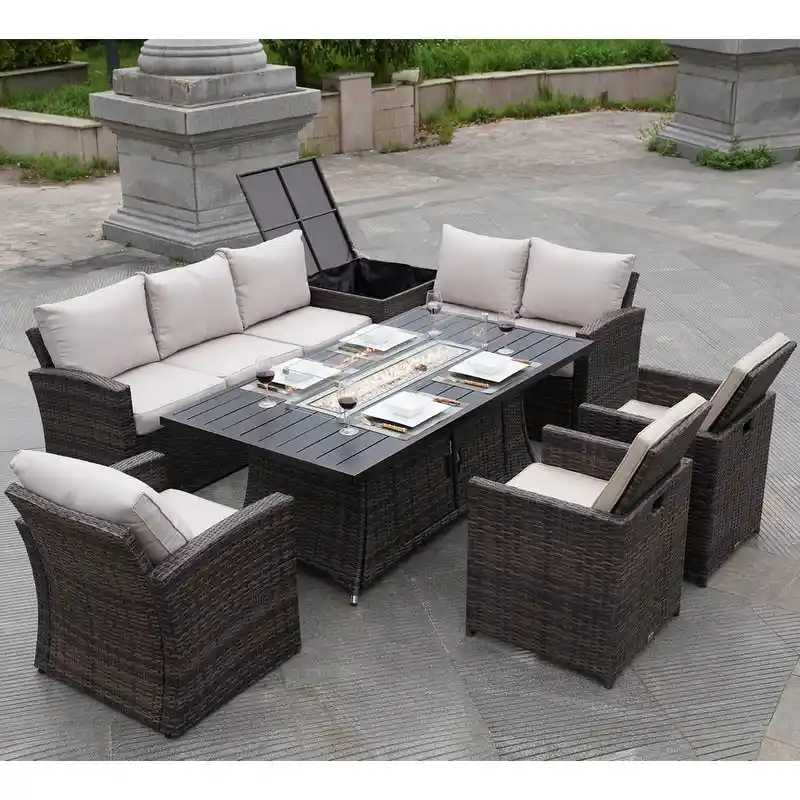 Patio Rattan Sofa Set with Alum Dining Table and Chairs