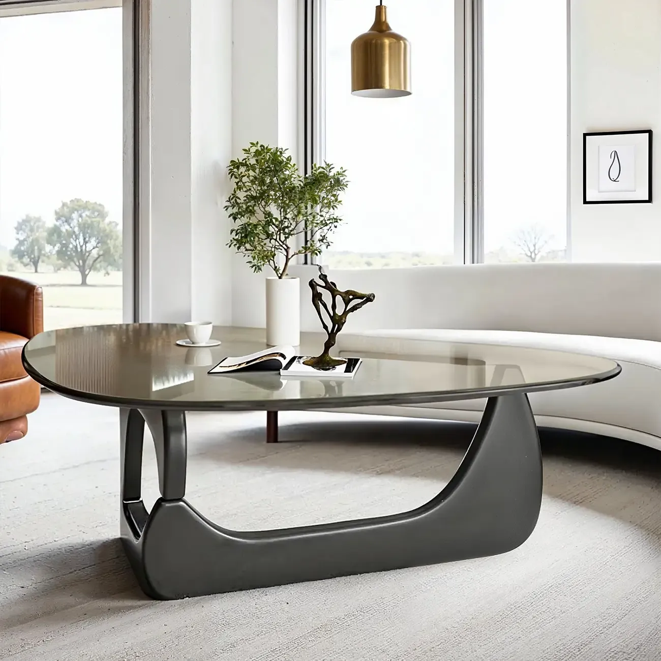 Modern Triangle Glass Coffee Table Wooden Base