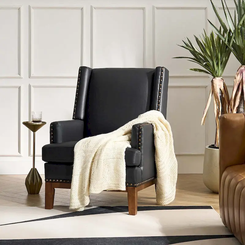 Lourdes Genuine Leather Armchair with Solid Wood Frame and Removable Seat Cushion by HULALA HOME