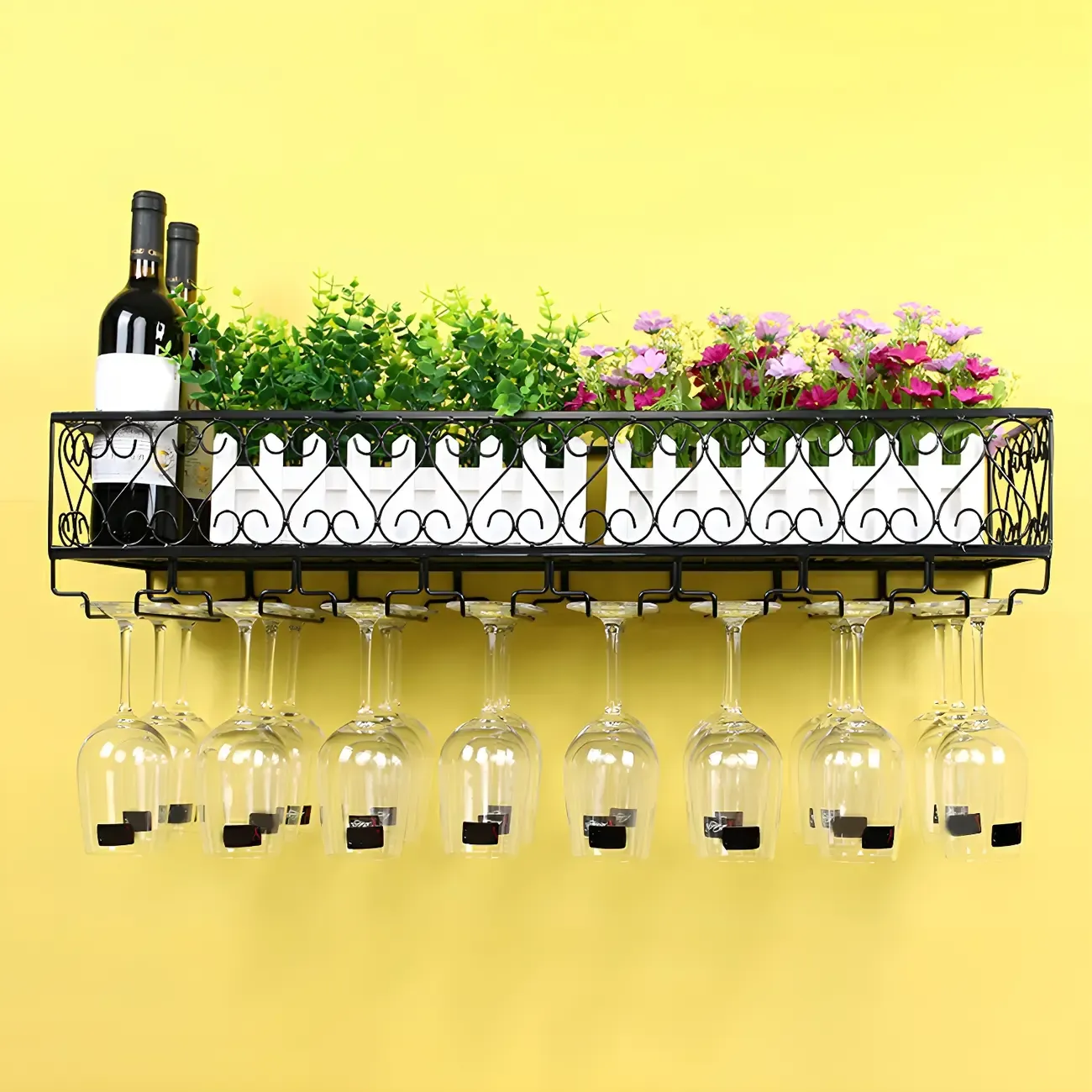 Modish Black Metal Wall Mounted Wine Glass Rack