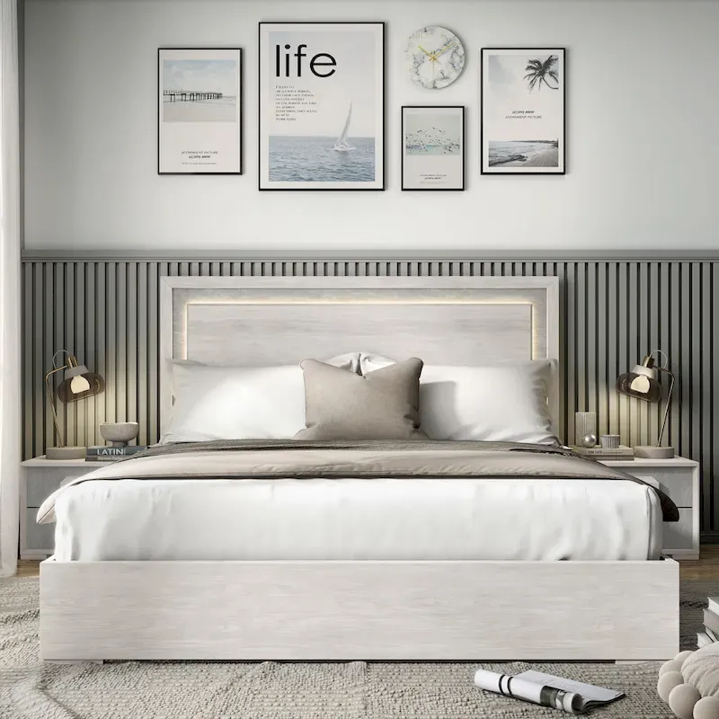 Furniture of America Jonnick Contemporary Washed White Panel Bed with LED Lighting