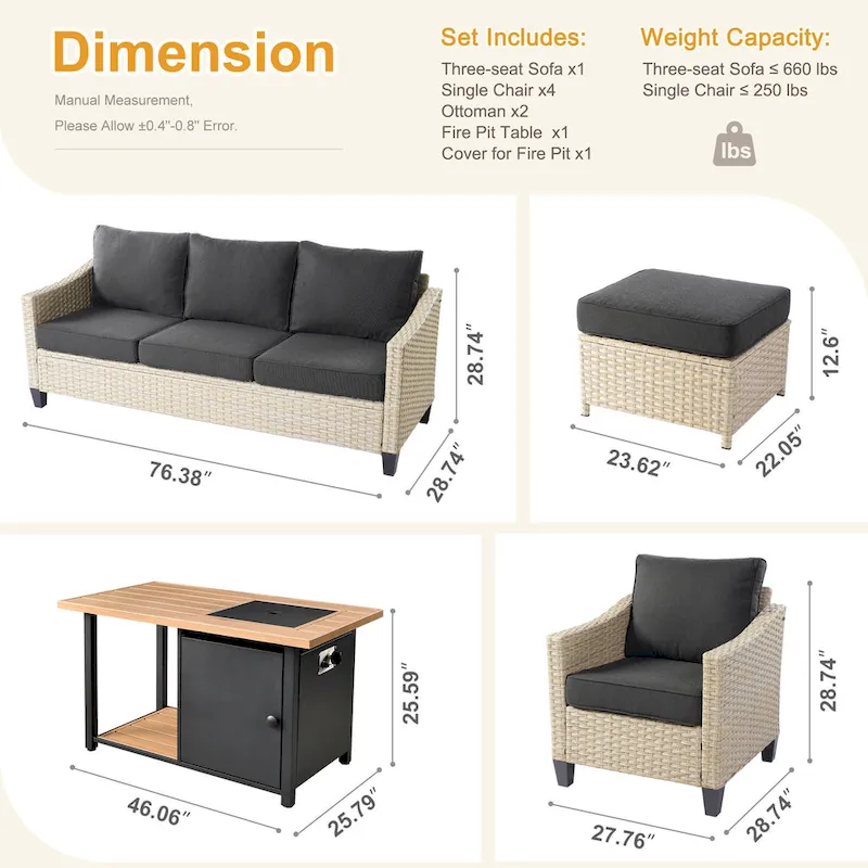 HOOOWOOO 8-piece Patio Wicker Rattan Conversation Set with Multifunctional Fire Pit Table