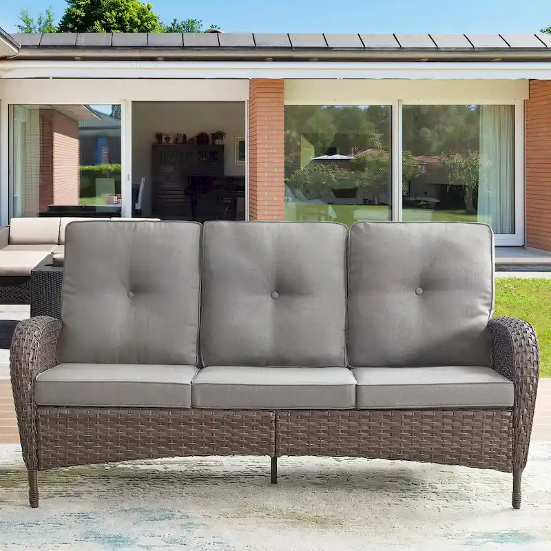 Outdoor Wicker Patio Sofa 3-seat Sofa - Brown