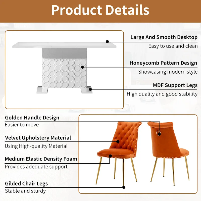 7-Piece Clihome High-gloss Extendable Table Velvet Chair Dining Set