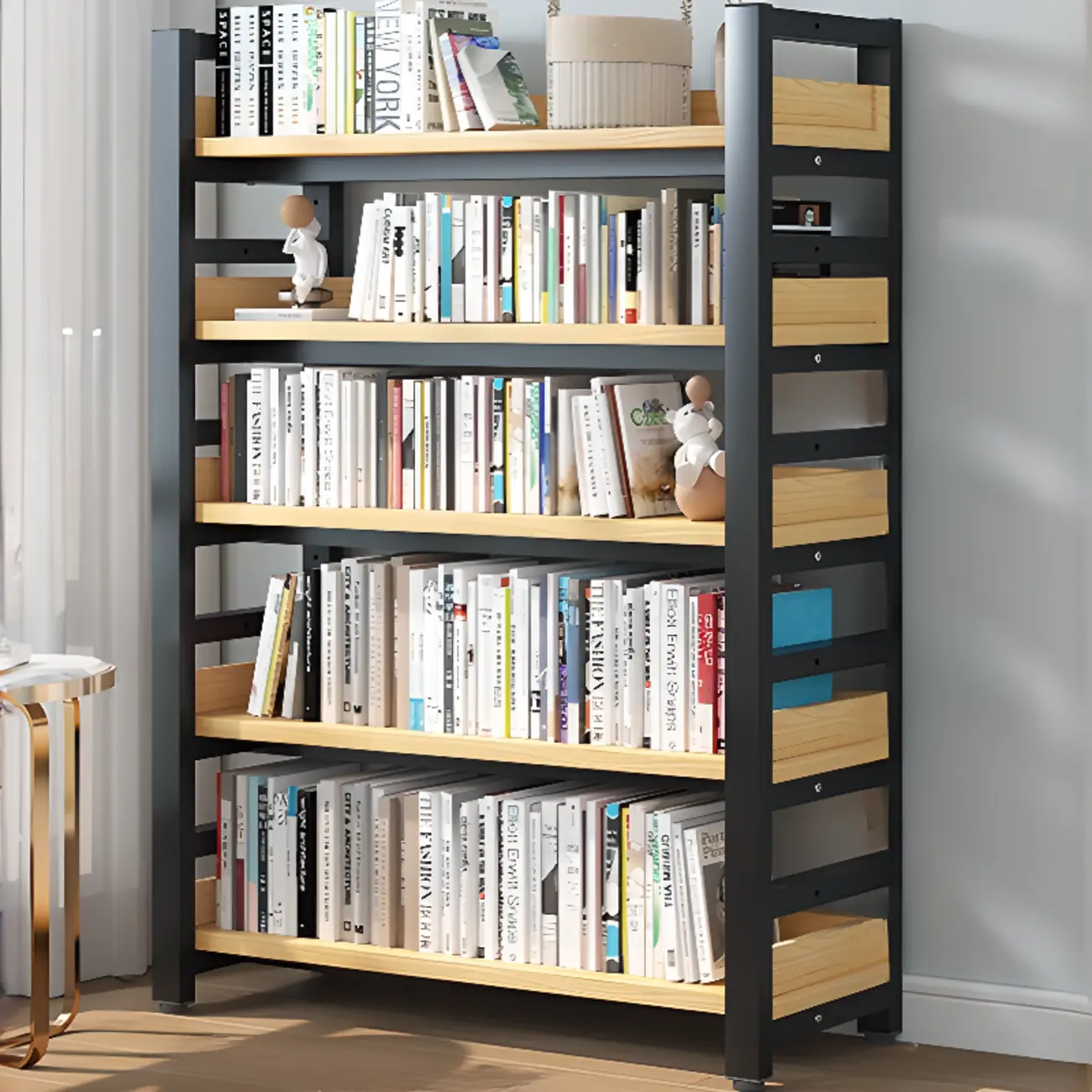 Freestanding Simple Multi-Layer Wood Bookshelf in Steel Frame