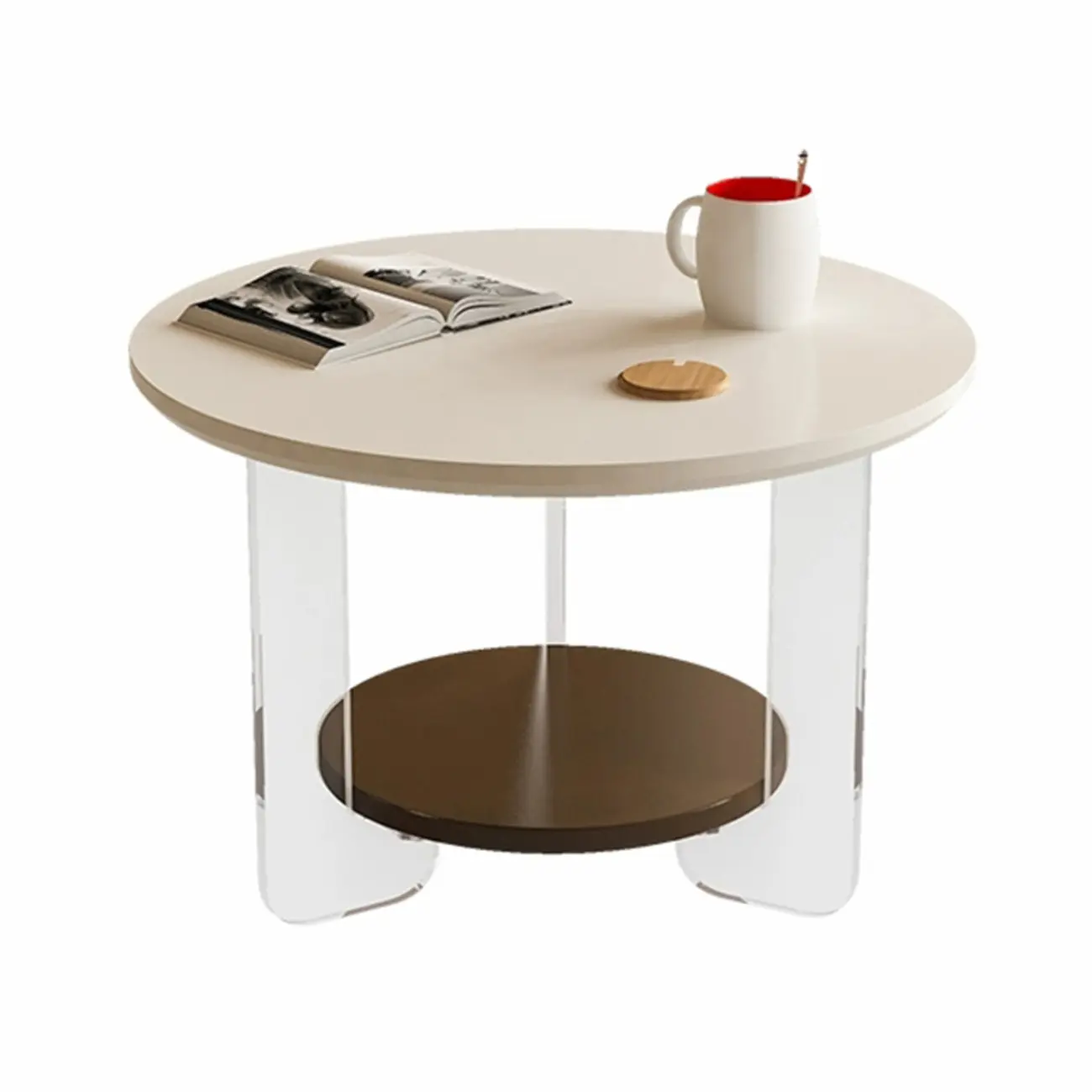 White Brown Wood Round Coffee Table with Shelf and Plastic Leg