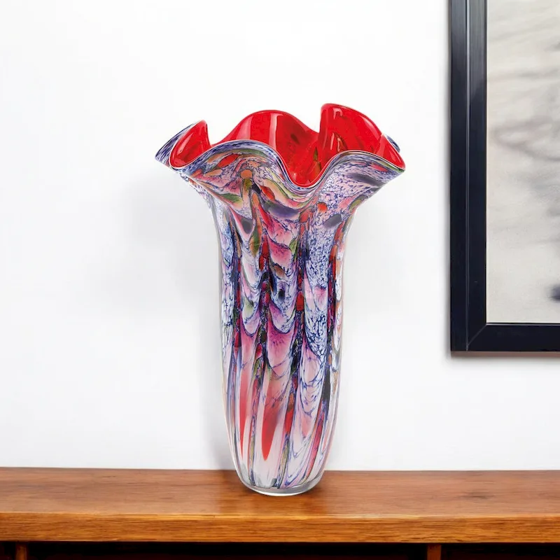 HomeRoots 17  Blue Red And White Abstract Wavy Murano Glass Table Vase