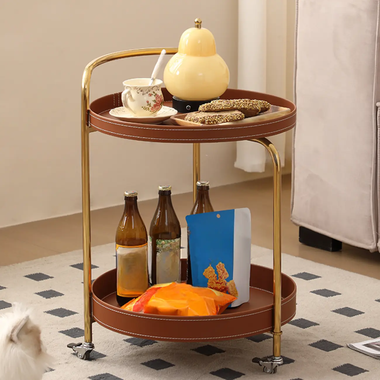 Mobile 2 Layers Brown Leather Metal Round Side Table