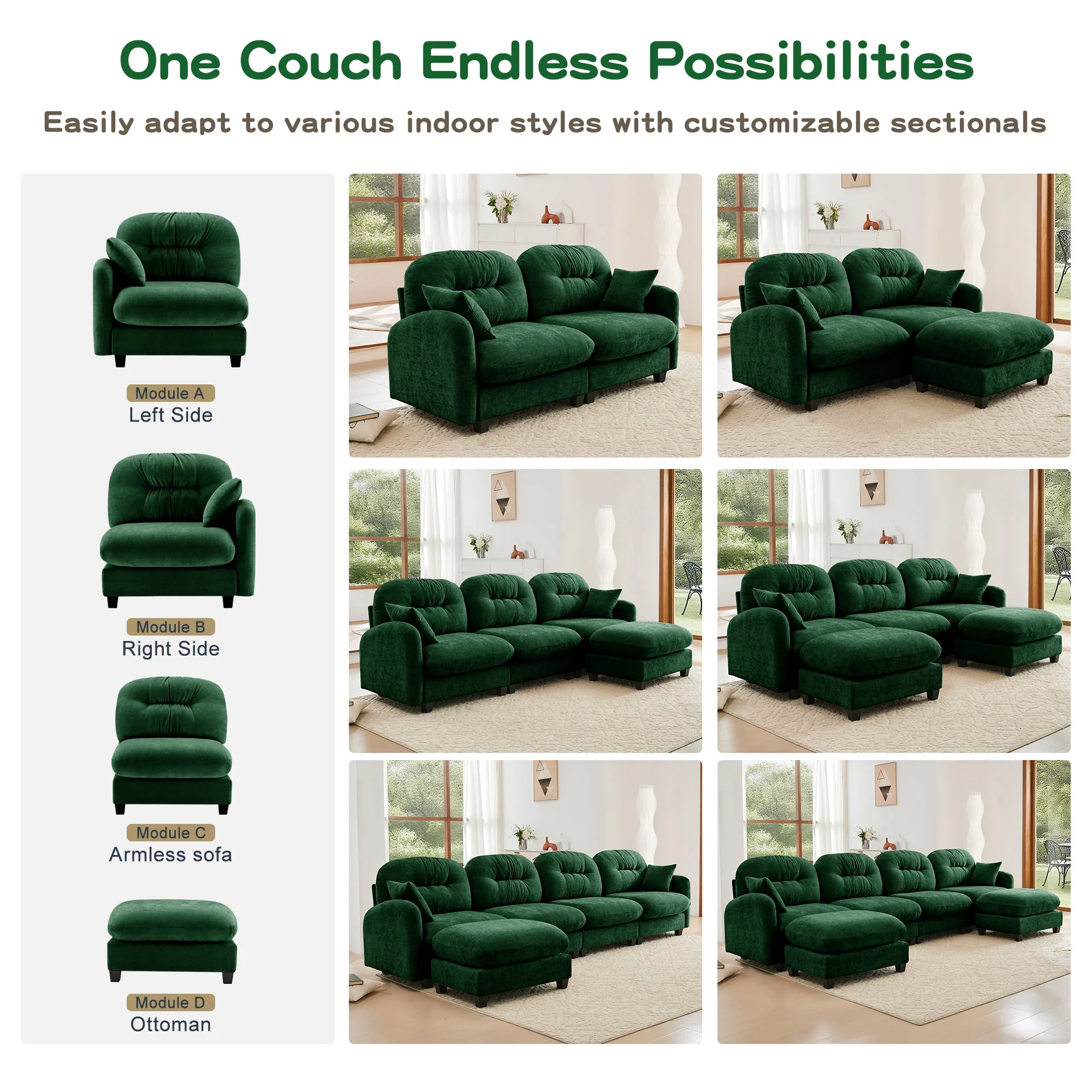 Cloud Tufted  Chenille Sectional Loveseat Sofa Couch With Ottoman