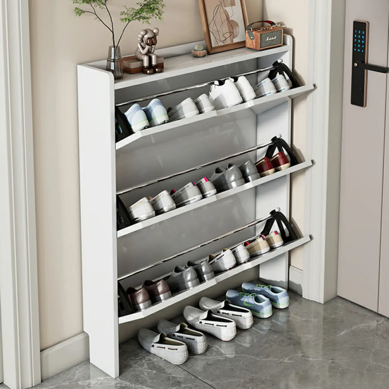 3-Tier White Wood Shoe Cabinet with Drop Front