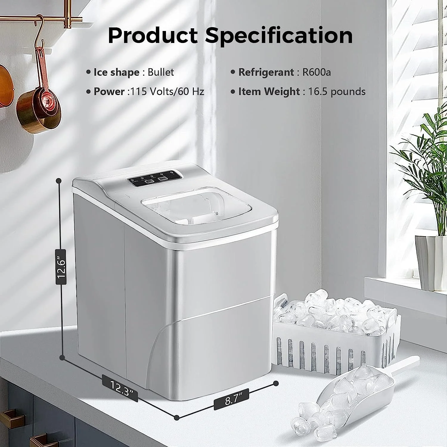 Countertop Ice Maker Machine, Ice Cube Ready in 6-8 Mins with Ice Scoop and Basket