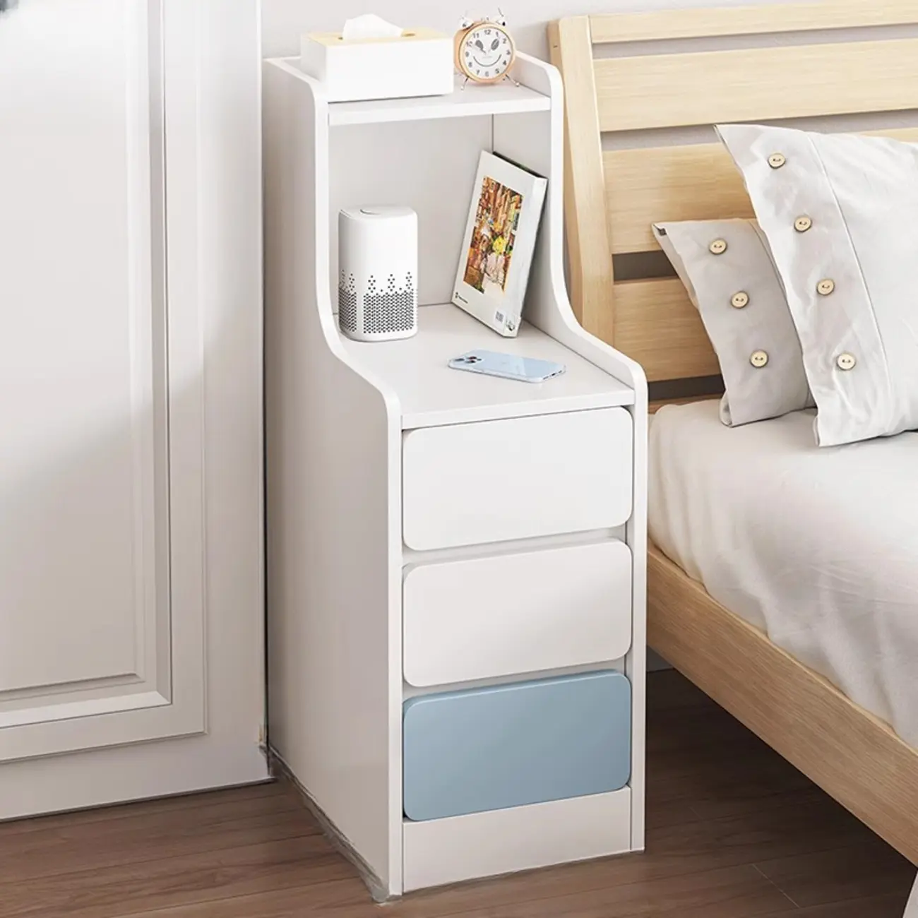 Modern Bedside Table with Drawers - White Nightstand