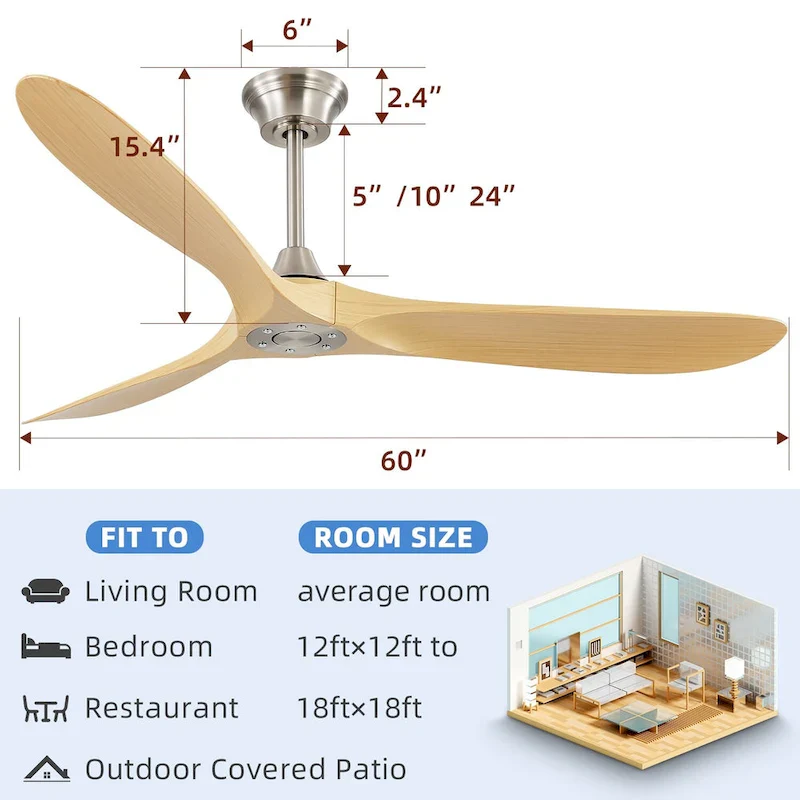 60  Smart Ceiling Fan without Light,Nickel downrod with Plastic Blades