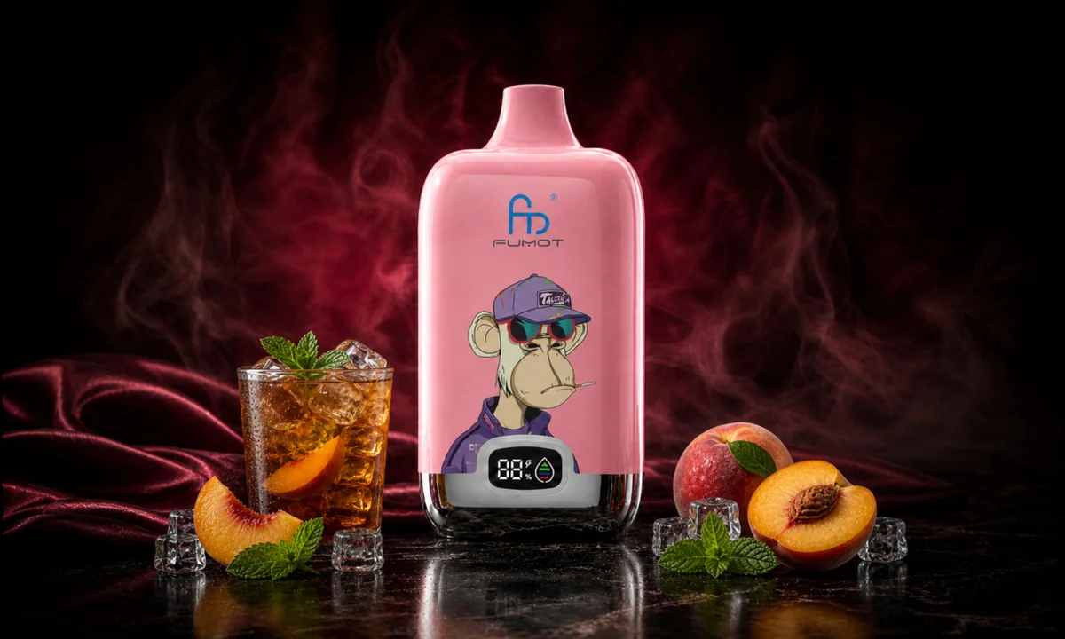 Fumot Digital Box 12000 Ice Tea Peach Ice Vape in einer dunklen Rauchszene