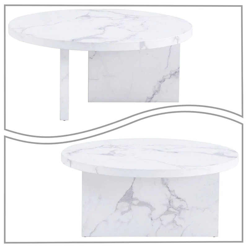 Modern Stylish Wooden Round Coffee Table with Imitation Marble Veneer Surface