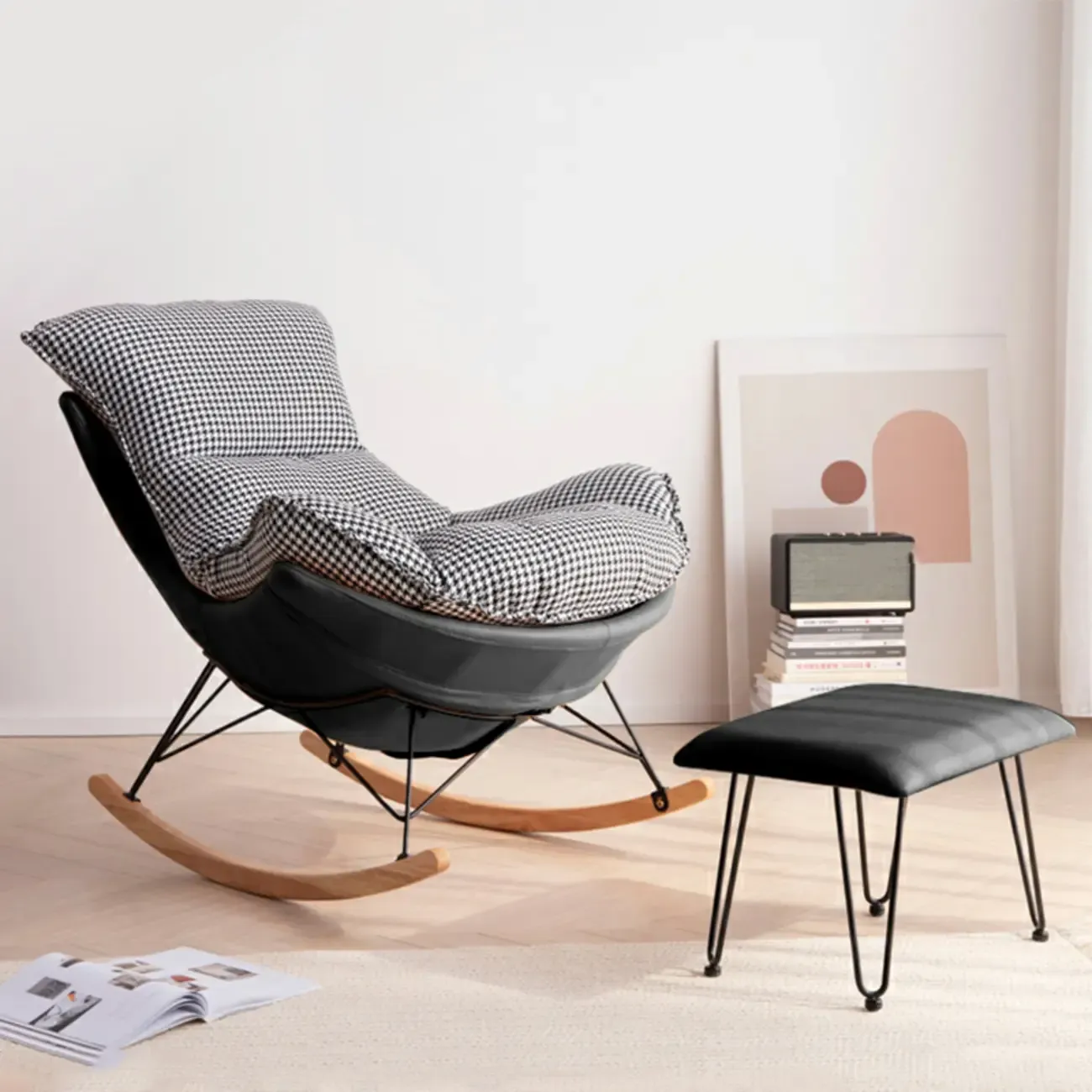 Mid Century Modern Upholstered Rocking Chair with Ottoman