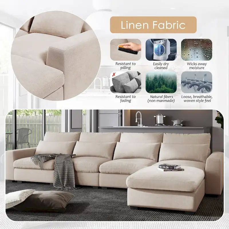 Modern Convertible Large L-shaped Feather Filled Sectional Sofa with Reversible Chaise - 129.9W x 72D x 31.5H