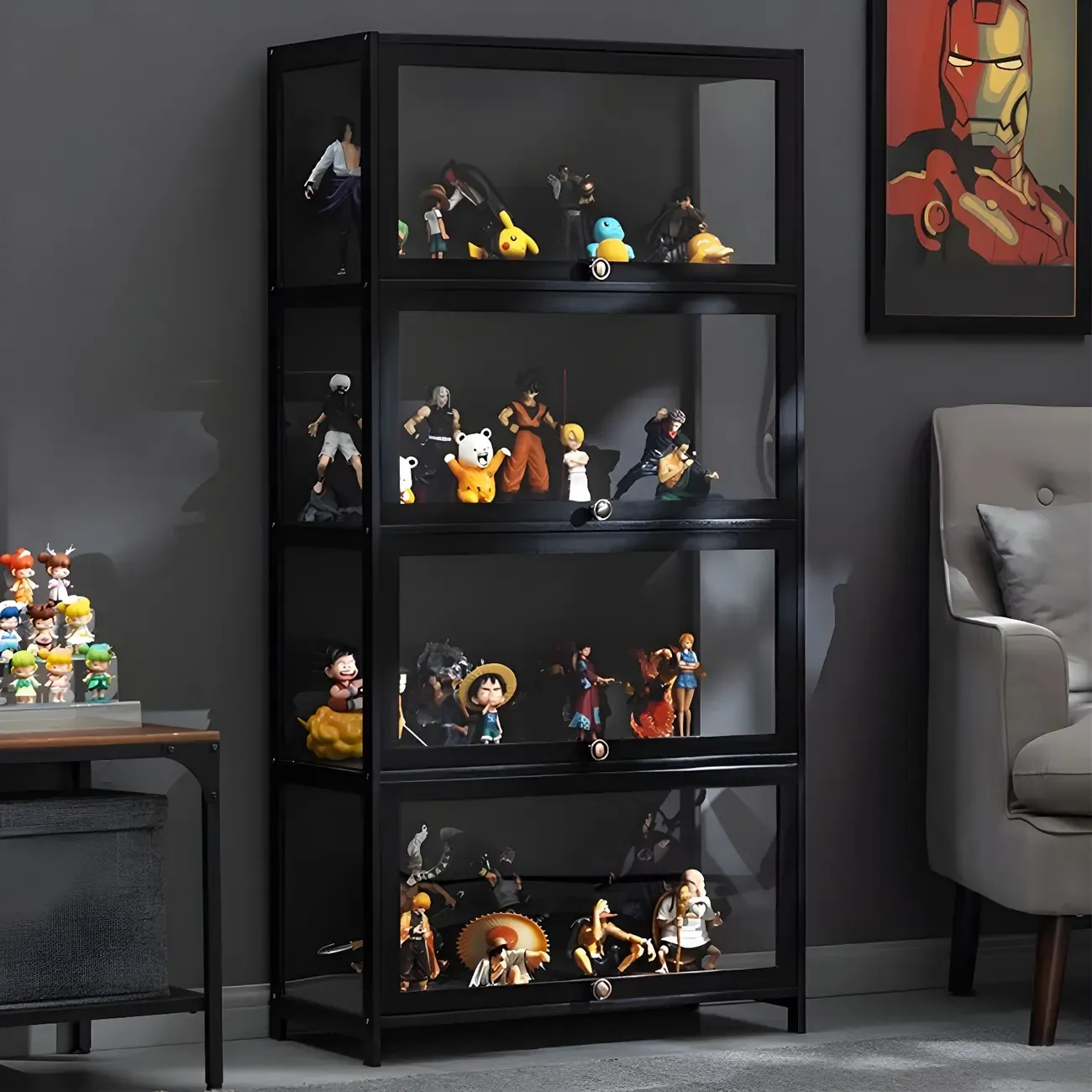 Elegant Black Bamboo Clear Figure Display Cabinet