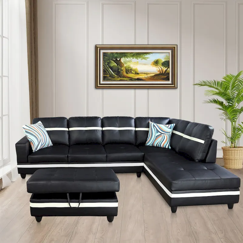 L-Shape Semi PU Leather Living Room Sofa Set with Ottoman,3-Piece