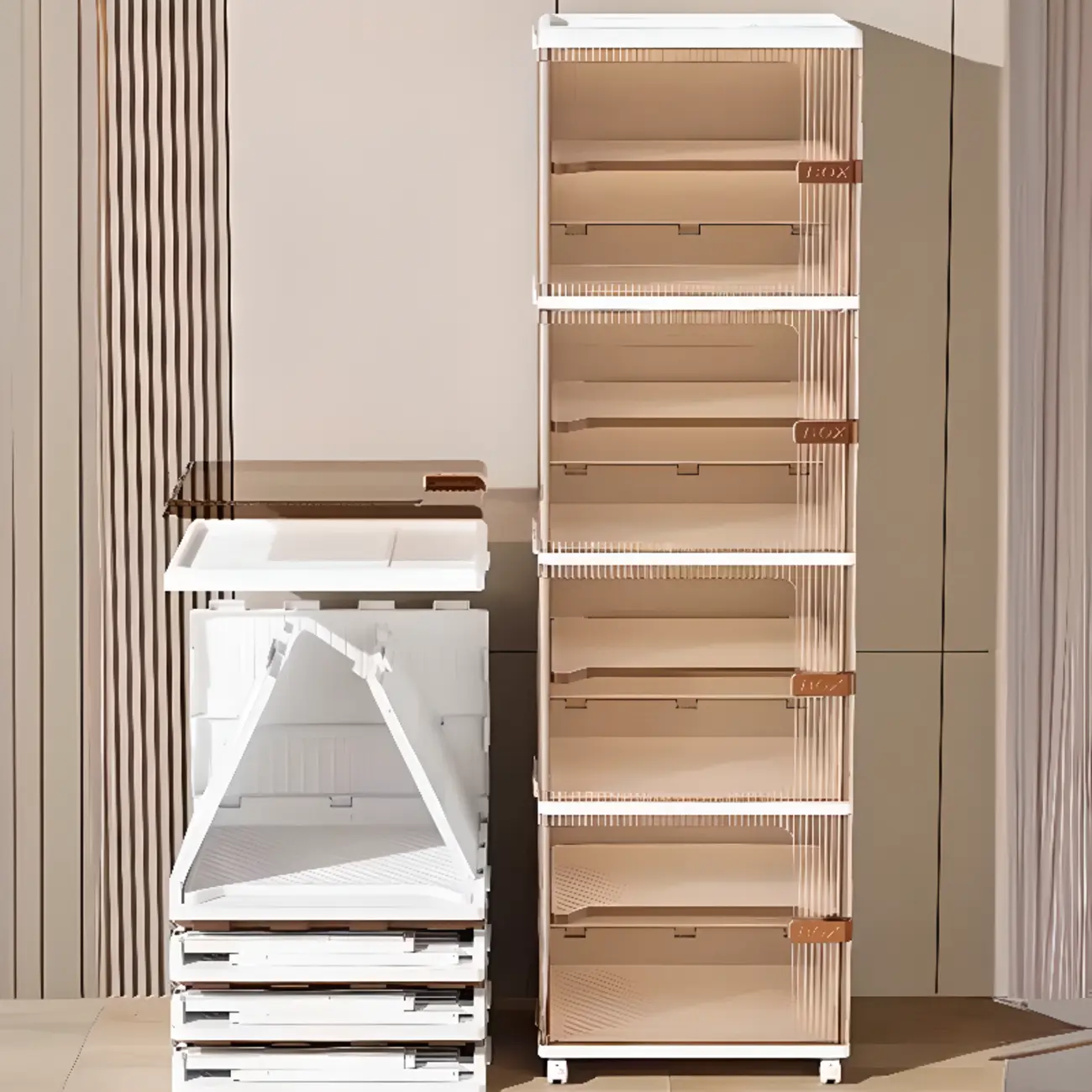 Glam White Plastic Adjustable Shoe Cabinet on Wheels