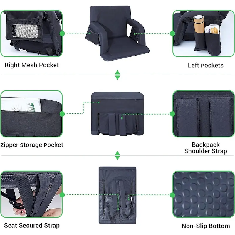 Stadium Seats, 5 Reclining Positions Bleacher Chairs with Padded Armrests, Side Pockets, Waterproof Thick Cushion