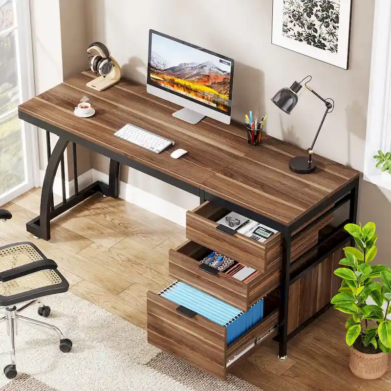 59-inch Wood/ Metal Computer Desk Writing Table with 3 Reversible Drawers