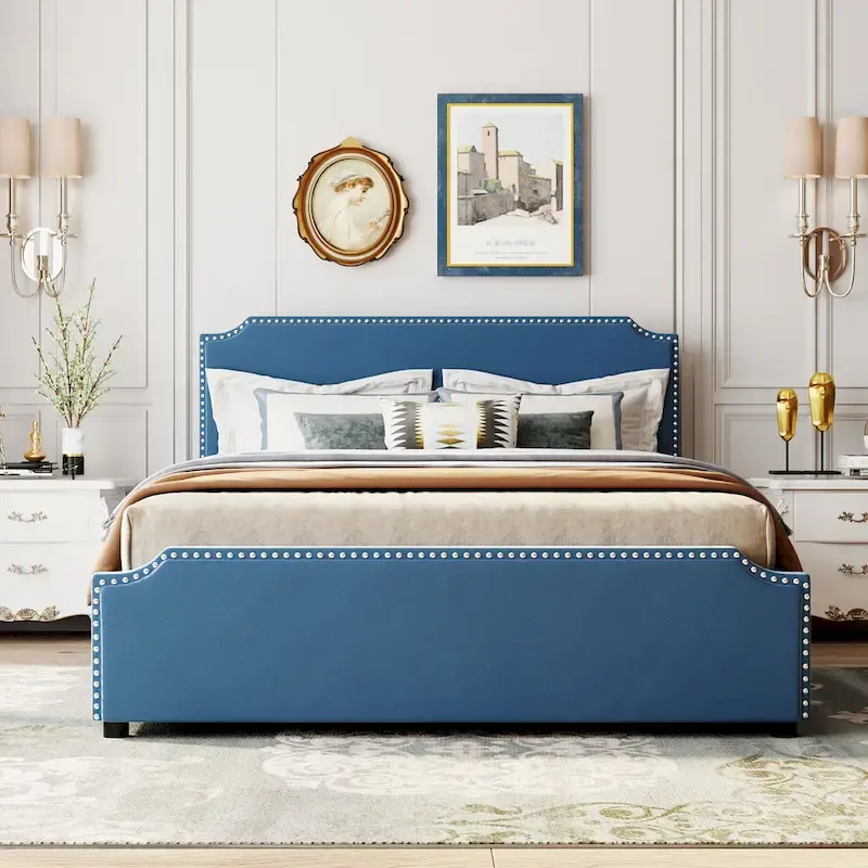 Upholstered Platform Bed with Stud Trim Headboard and Footboard and 4 Drawers No Box Spring Needed, Velvet Fabric
