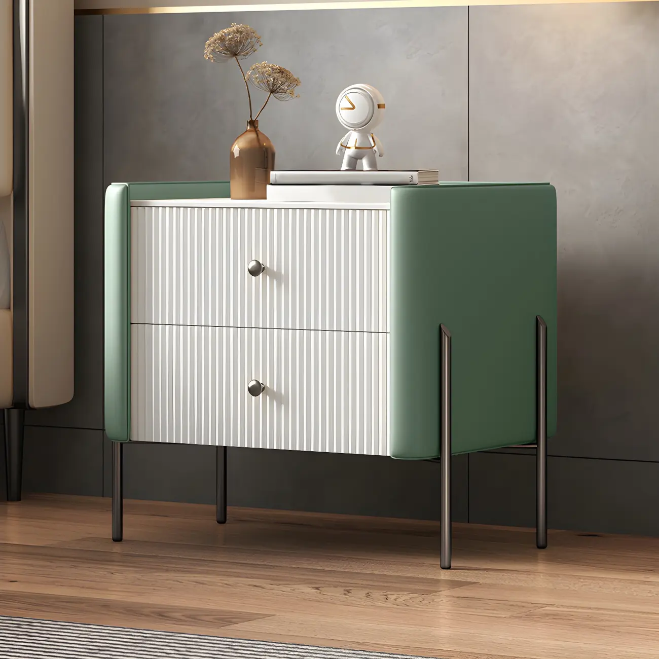 White Wood 2-Tier Drawers Storage Nightstand with Legs