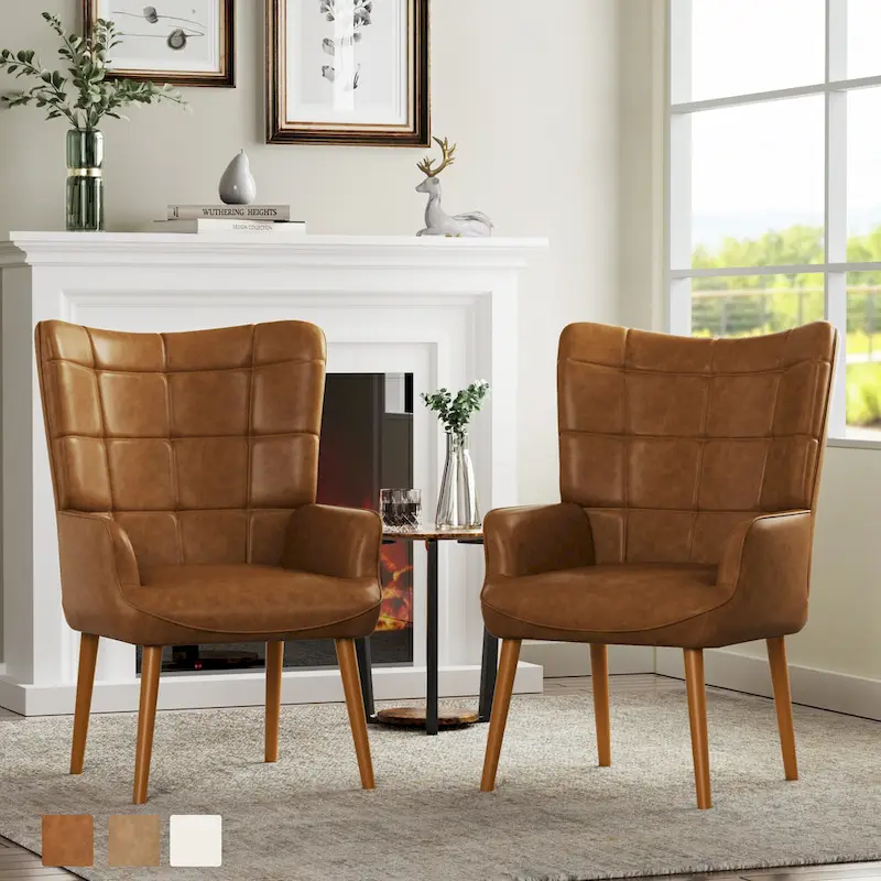 High-back Tufted Accent Chair Set of 2 Cream/ Brown/ Taupe