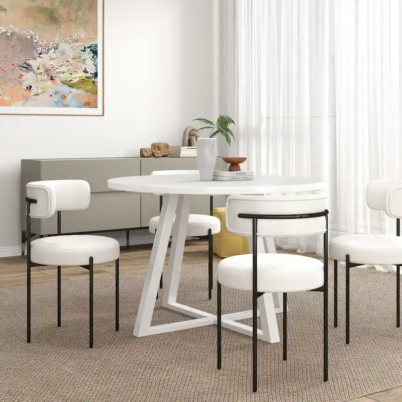 Roundhill Durban 5-Piece Round Dining Set, Trestle Dining Table with 4 Boucle Chairs