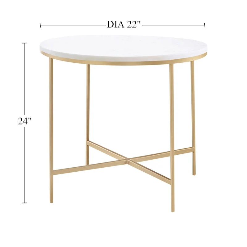Round Faux Marble End Table with Metal Legs in White and Gold