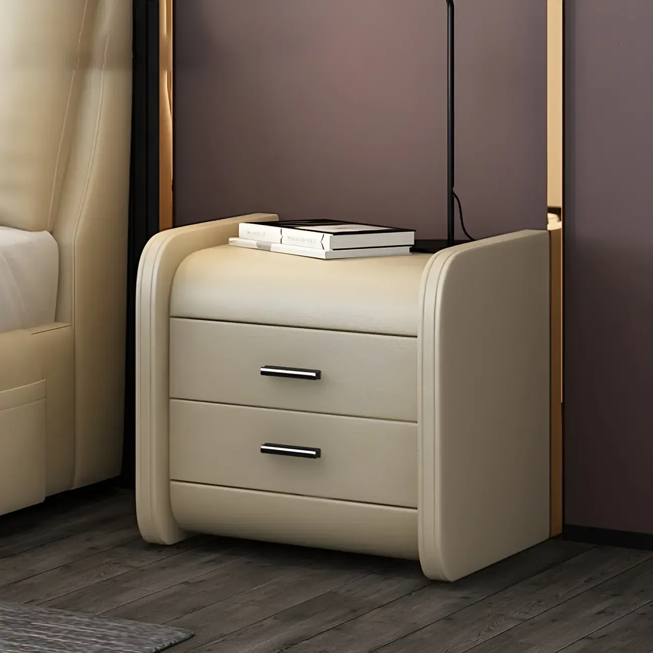 Modern Round Edge Nightstand with 2 Drawers in Beige Leather