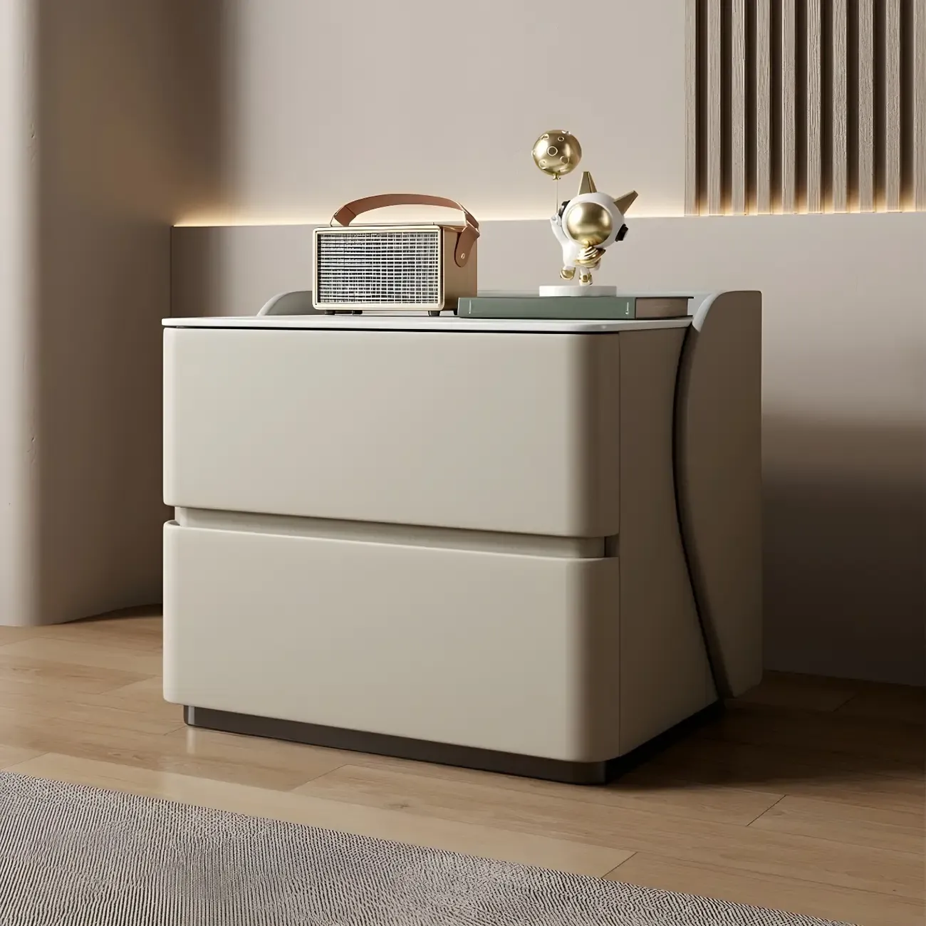 Modern Stone Top Leather Pine 2-Drawer Nightstand