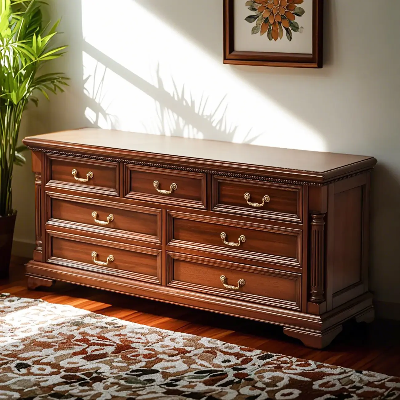 Vintage Brown Walnut Wooden Double Dresser with 9-Drawers