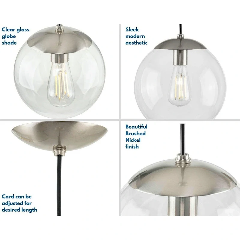 Atwell Collection 1-Light Clear Glass Brushed Nickel Large Pendant - 12 in x 12 in x 12.5 in