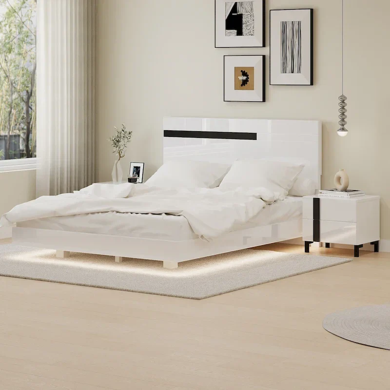 Modern High Gloss 3-Piece Bedroom Set Floating Bed Frame Queen Size Platform Bed with LED Light & 2 Nightstands, White