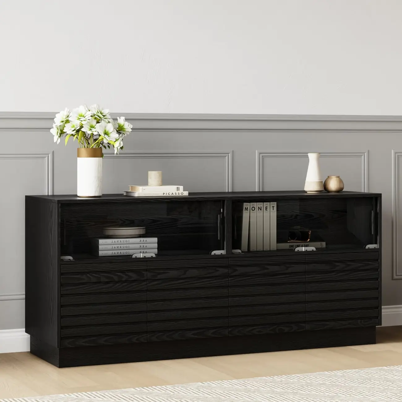 Modern Black Rectangular Wooden LED TV Stand