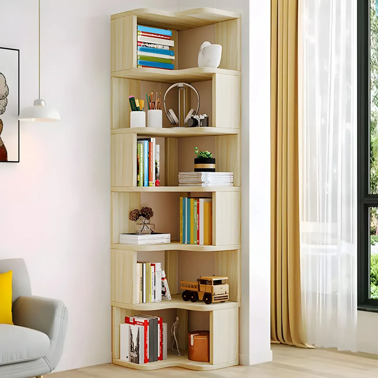 Vertical Wooden Corner Bookcase with Open Shelves