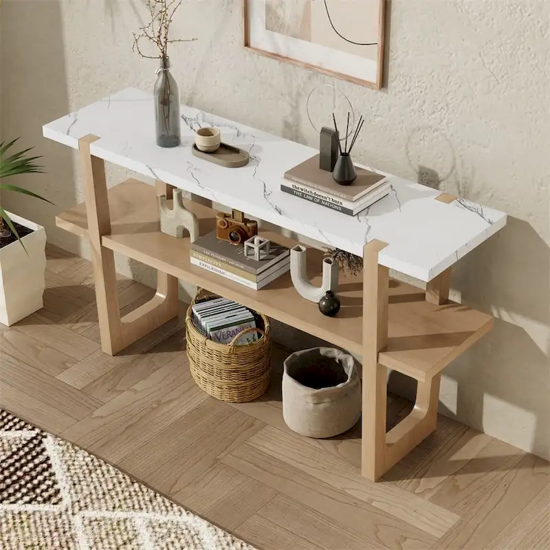 Retro Elegant Console Table with Marble-Effect Top & Versatile Storage