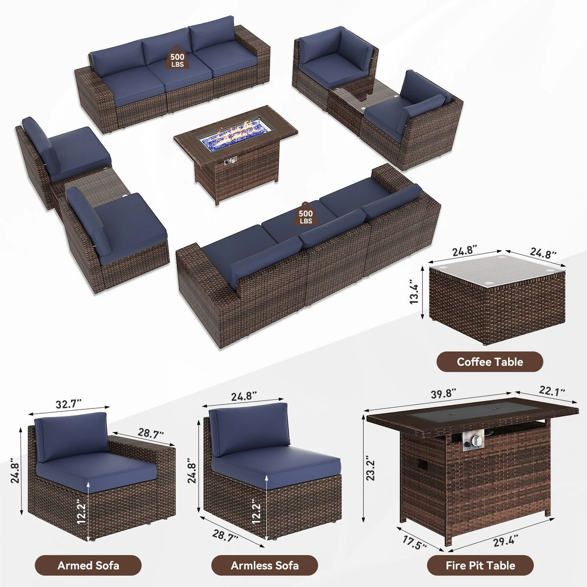 13 Pieces Patio Furniture Set with 44Fire Pit Table