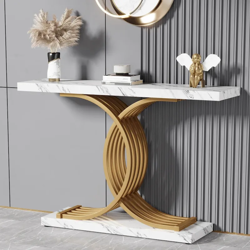 Black/ Gold Modern Sofa Table with Faux Marble Tabletop, 39 Inches Wood Foyer Table with Geometric Metal Legs for Entryway