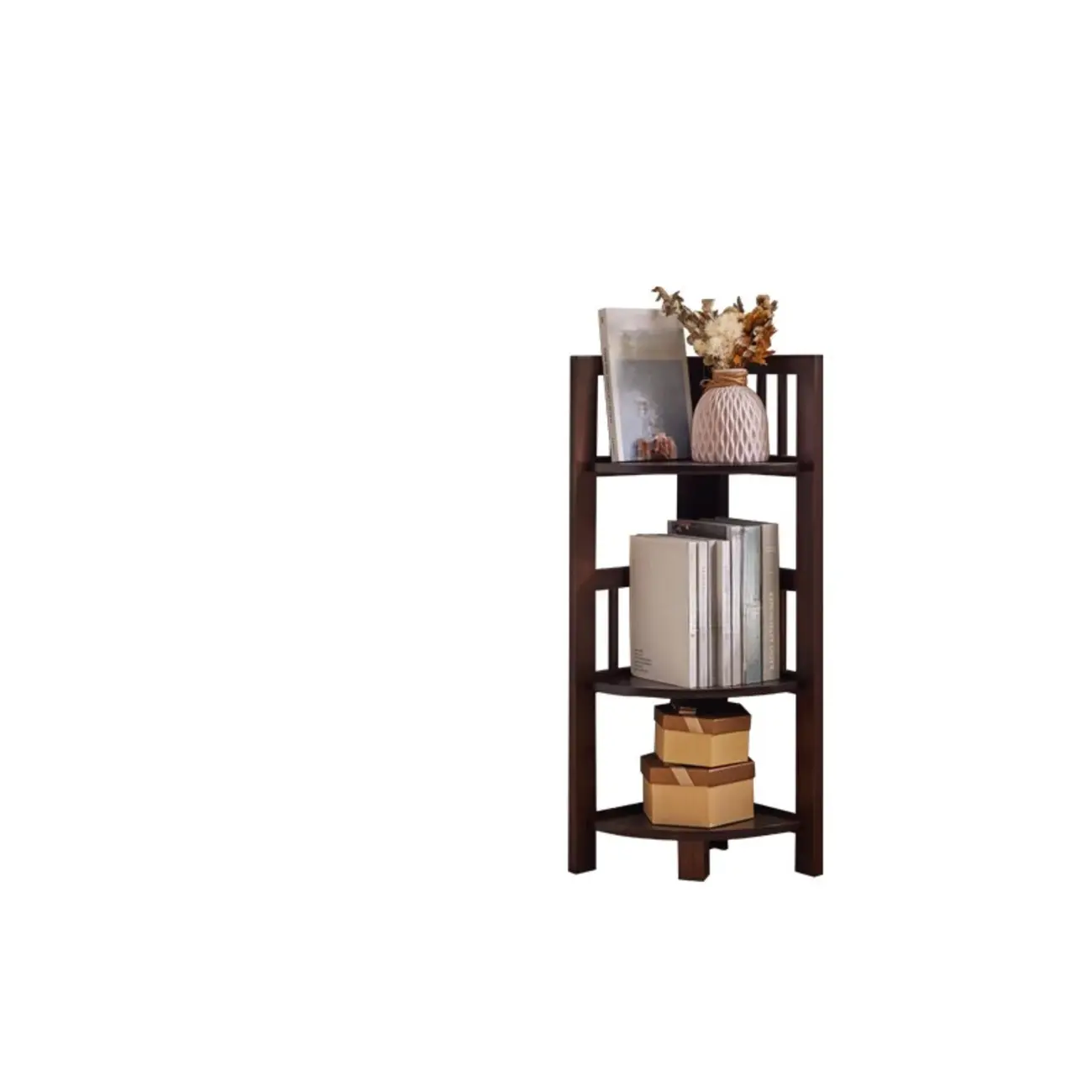 Freestanding Narrow Brown Wood Open Back Corner Bookcase