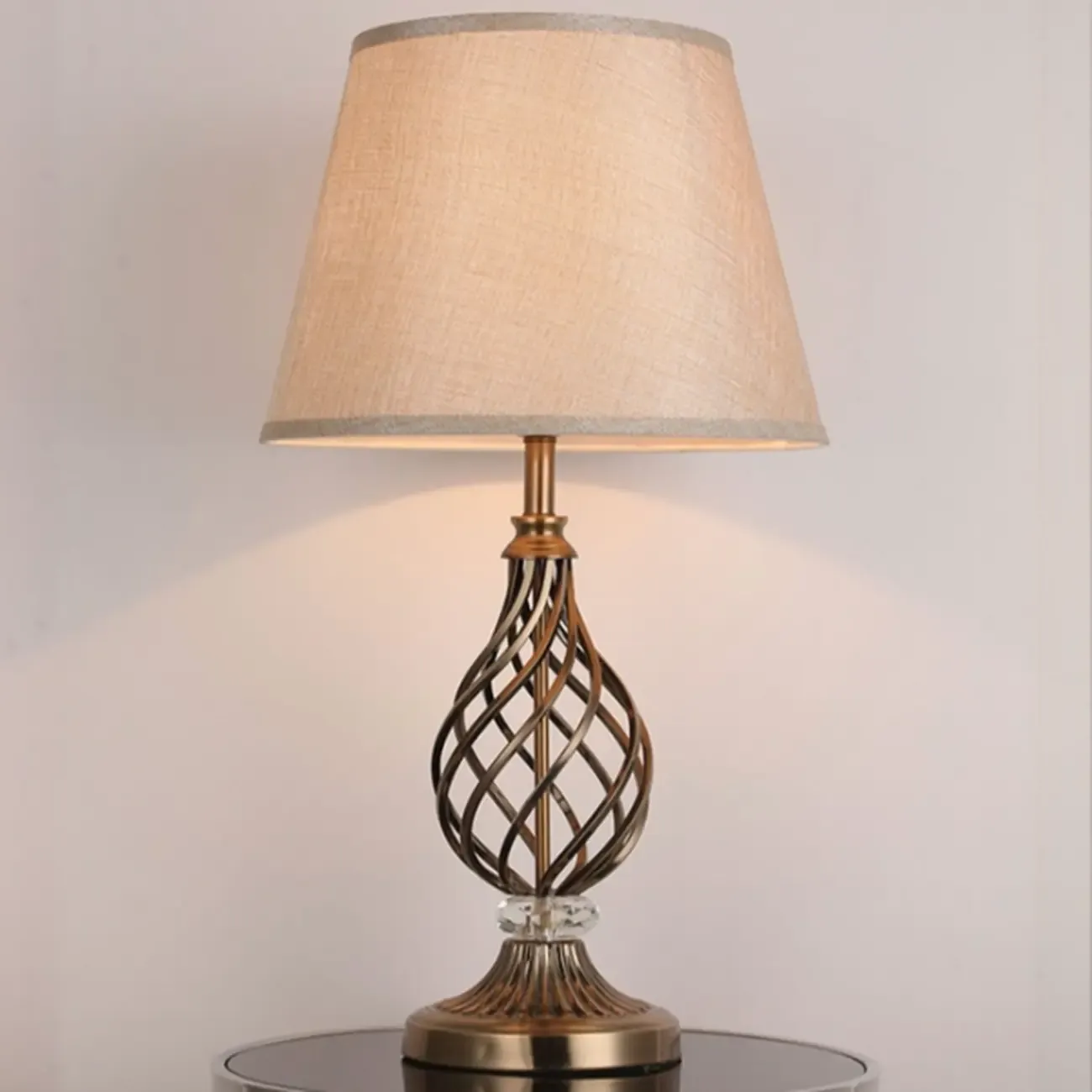 Geometric Fabric LED Bedside Table Lamp Antique Brass Base