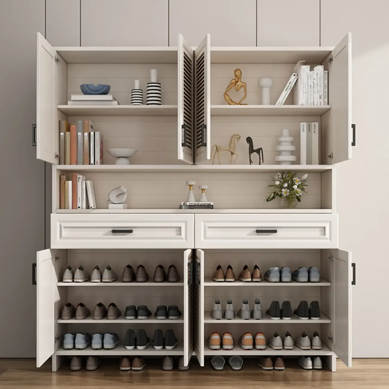 79H Entryway White Metal Shoe Cabinet with Drawers