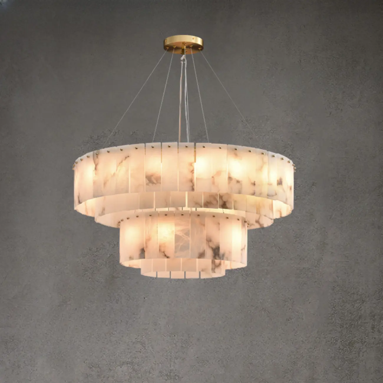 2-Tiers White Metal Circle Alabaster Drum Chandelier