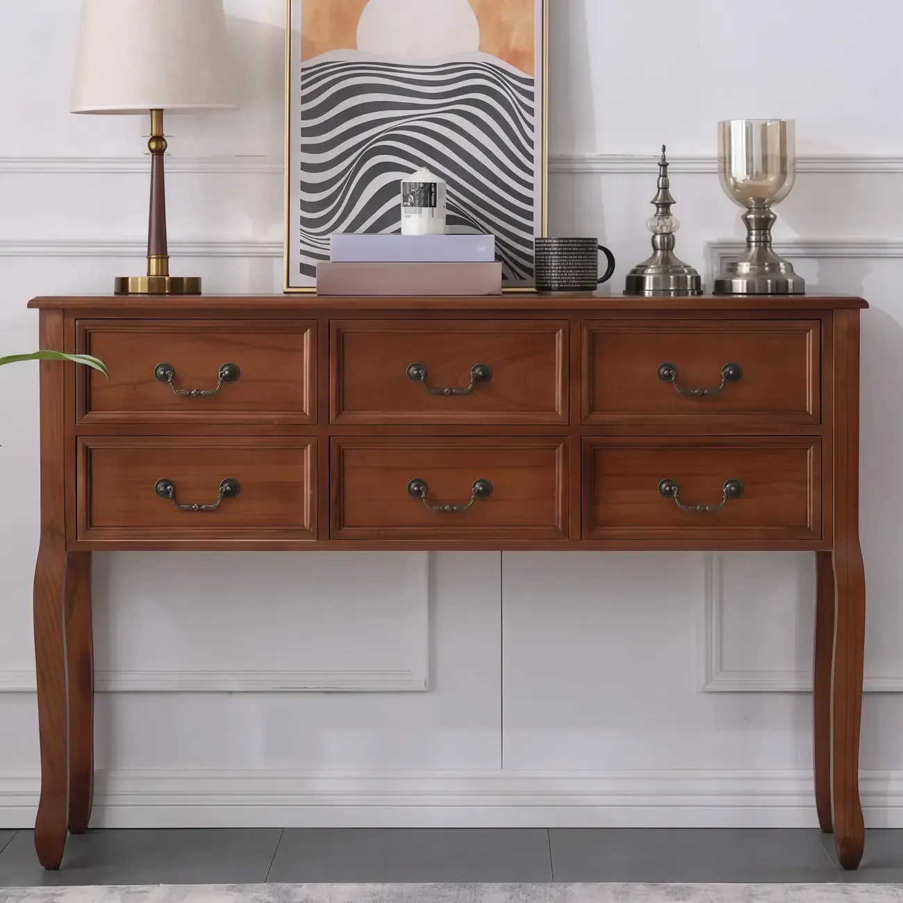 Rectangular Dark Walnut Console Table with Drawers