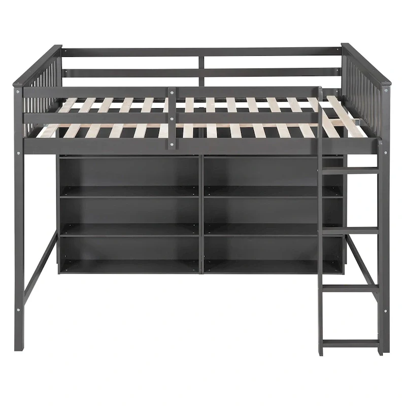 Full Size Loft Bed with 8 Open Storage Shelves and Built-in Ladder, Gray