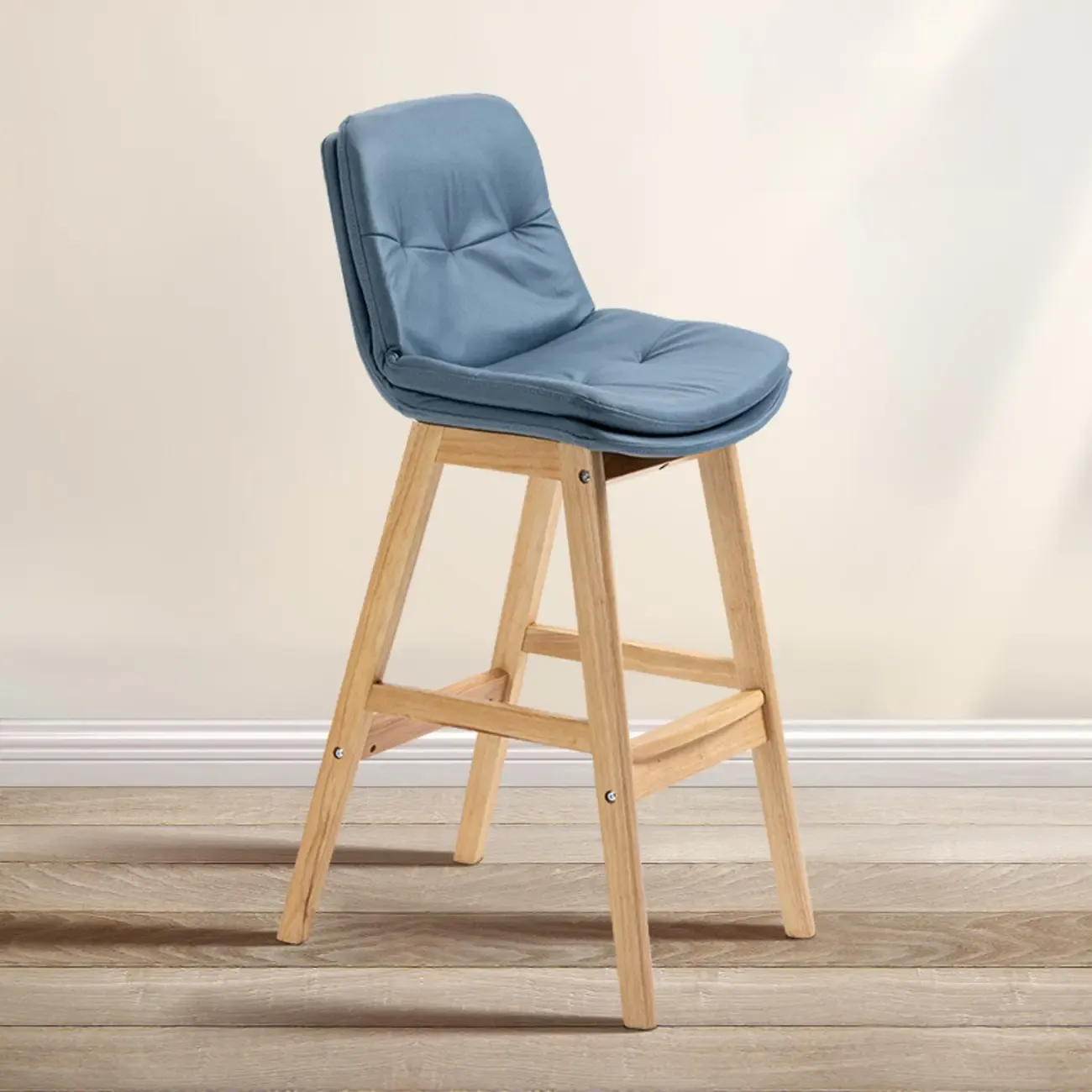 Scandinavian Wood Frame Leather Ergonomic Bucket Bar Stool