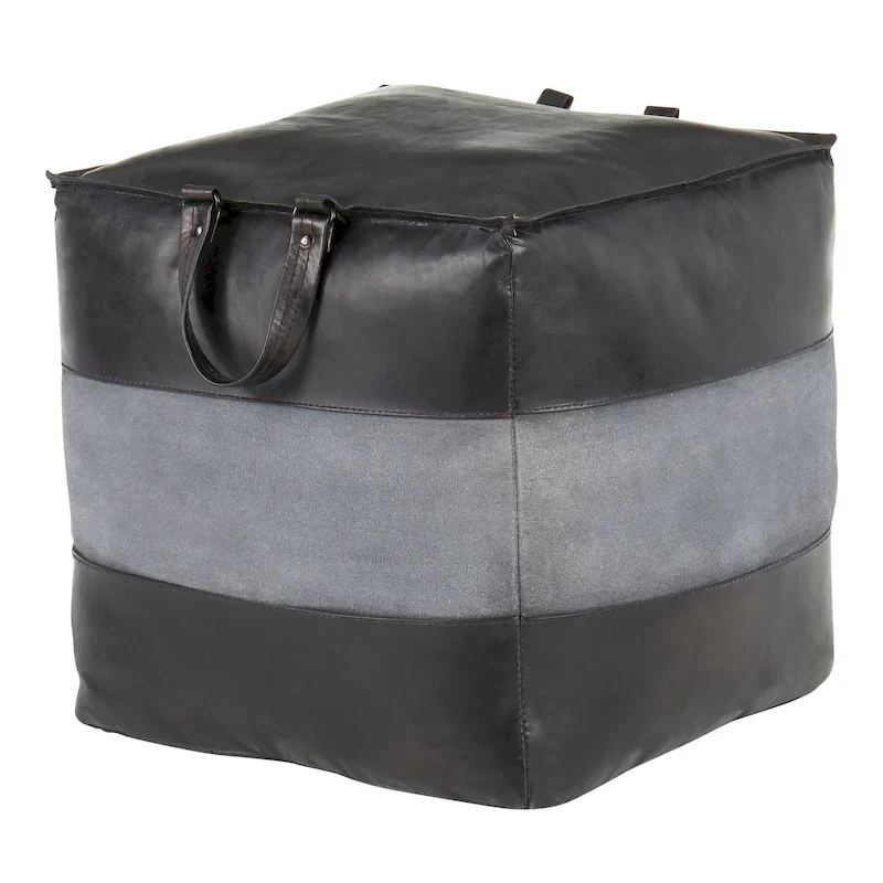 Carbon Loft Najah Industrial Pouf Ottoman in Leather and Canvas